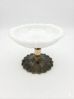 Milk Glass Soap Trinket Dish Metal Pedestal Base Vintage MCM Hollywood Regency